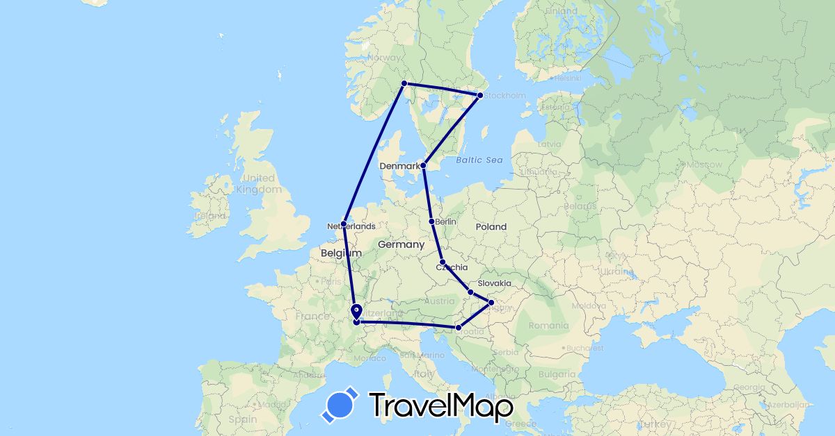 TravelMap itinerary: driving in Switzerland, Czech Republic, Germany, Denmark, Croatia, Hungary, Netherlands, Norway, Sweden, Slovakia (Europe)